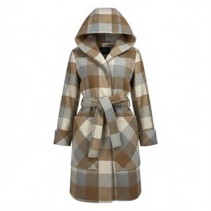 A New Day Plaid Plaid Belted Snap Button Hooded Tan Cream Gray Size XS Cozy